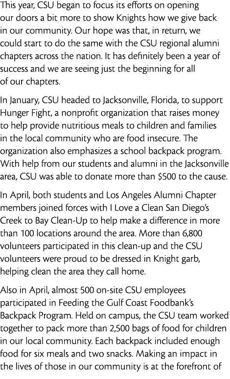 This year  CSU began to focus its efforts on opening our doors a bit more to show Knights how we give back in our com   